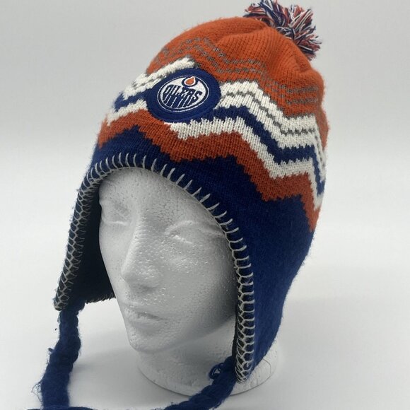 Edmonton Oilers Beanie Trapper Hat Winter Ski Tassels Old Time Hockey Knit Cap - Picture 2 of 10